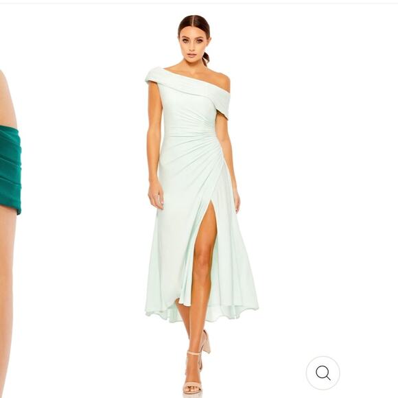 MaC Duggal by Ieena RUCHED OFF-THE-SHOULDER MIDI DRESS Light Blue SZ.14 - Picture 1 of 10